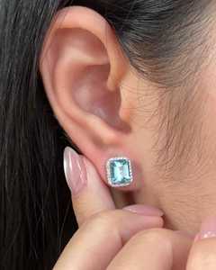 Boucles d'oreilles clous en diamant de laboratoire, or massif 14 carats, sertissage halo classique, pour usage quotidien, aquamarine taille émeraude, bijoux fins, prix d'usine - Product Image 6