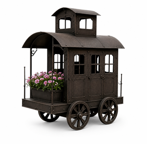 Chariot à fleurs vintage en métal artisanal, chariot de jardin rustique, présentoir floral, décoration de jardin extérieur, patio, maison - Product Image 1