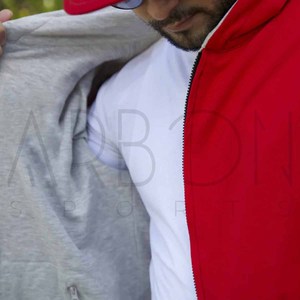 Sweat à capuche réversible personnalisé à fermeture éclair, bicolore rouge et gris, en molleton de coton, prix de gros, double face, style streetwear - Product Image 5