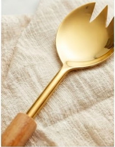 Wooden Handle Sleek Matte Gold Finished Stainless Steel Salad <b>Server</b> Perfect For Restaurants Hotel And Resort - Product Image 3
