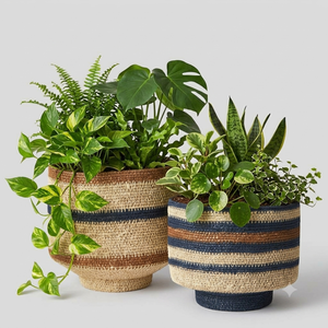 Maceta Tejida a Mano de Hierba Marina con Borde Rayado Beige y Amarillo Mostaza, Decoración para Patio y Jardín, Macetas y Jardineras - Product Image 6