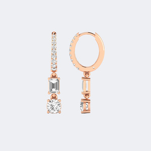 1.40 CTW Vintage 14K Gold Plated Round & Emerald Cut Lab Grown Diamond Two-<b>Stone</b> Huggie Dangle Earrings IGI Certified - Product Image 6