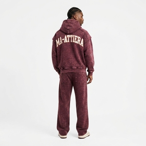Conjunto de Sudadera con Capucha Oversize y Pantalones Anchos de Algodón Lavado Borgoña Personalizado, Estilo Urbano, Venta al por Mayor OEM ODM - Product Image 2