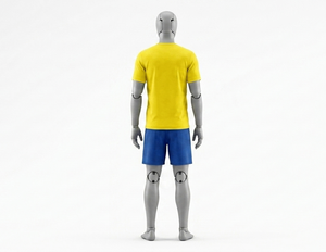 Ensemble de vêtements de sport d'été pour homme, t-shirt en polyester à manches courtes, col rond, couleur unie, jaune, coupe régulière, respirant, short bleu - Product Image 2