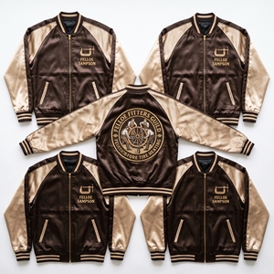Blouson Bomber en Satin Violette et Dorée avec Fermeture Éclair, Manches Raglan, Broderie Graphique de Maçons et Motif Lancet sur le Dos, Style Universitaire – Vente en Gros - Product Image 6