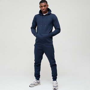 Men's Navy Blue Hooded <b>Tracksuit</b> Full Length Solid Color Casual Wear 100% Cotton Breathable Regular Fit With Side Pockets - Product Image 2