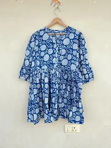 Women's Blue Floral Hand Block Print Tie-Neck Cotton Midi <b>Dress</b> With Puff Sleeves <b>Loose</b> Fit Summer Casual <b>Dress</b> - Product Image 4