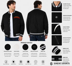 SINEWY SPORTS Men's Black Eco-Friendly Winter Varsity Jacket Wool Blend Snap Button Front <b>Quilted</b> Lining Sporty Style - Product Image 1