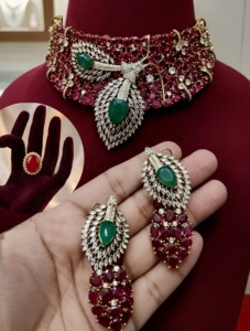 Luxury Premium Quality Gold Plated Beads Wedding Moissanite Doublet Choker <b>Necklace</b> with Earrings & Adjustable <b>Ring</b> Set - Product Image 4