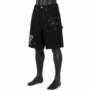 Custom <b>Black</b> Denim Jorts <b>Men</b> Baggy Gothic Streetwear Graphic Jean <b>Shorts</b> OEM ODM Private Label Wholesale - Product Image 3