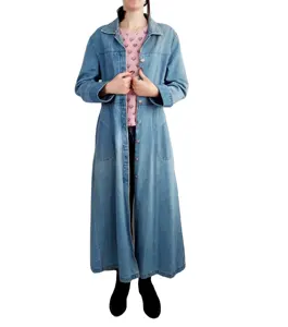 Dress Panjang Denim Wanita, Jaket Jins Lengan Panjang Warna Biru, Pakaian Wanita Kuantitas Hitam, Mantel C