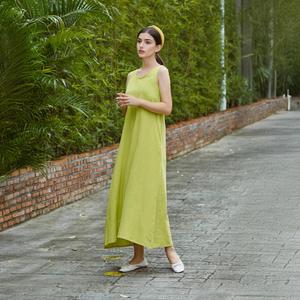 Vestido largo bohemio de mezcla de algodón y lino para mujer, color verde lima, sin mangas, corte holgado, transpirable, vestido largo de verano - Product Image 4