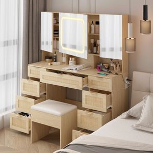 Large Makeup Vanity Table Set with 3 Opening LED-Lit Mirrors Full Storage Behind Mirror D Style Design - Product Image 4