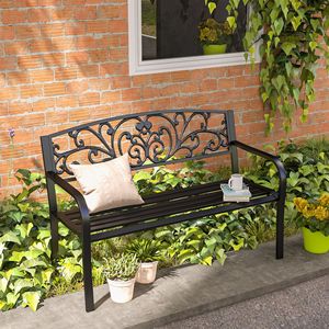 Panca da Giardino in Metallo da Esterno da 50 Pollici con Schienale a Motivo Floreale e Seduta a Doghe per Parco, Giardino, Prato, Cortile o Centro Commerciale - Nera - Product Image 2