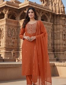 Conjunto de Salwar Kameez Kurta de Rayón Naranja Bordado, Estilo Indio-Pakistaní, Vestido Étnico para Mujer, Ropa Casual, Materiales Reciclados, Todas las Temporadas - Product Image 1