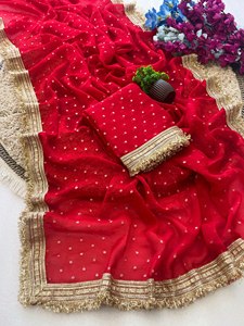 Sari en soie avec broderie dorée pour femmes, tenue de mariage indienne et pakistanaise, robe traditionnelle longue jusqu'au sol - Product Image 5