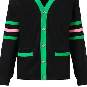 Suéter cárdigan de punto personalizado para mujer de la hermandad universitaria, negro y verde, estilo universitario con cuello en V, OEM, con ribete verde y rayas rosas. - Product Image 5