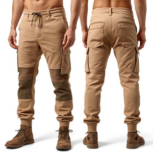 Men's Beige Color Blocked Cargo Sweatpants Elastic Waist Multiple Pockets Casual Joggers Breathable Polyester Cotton Blend - Product Image 1