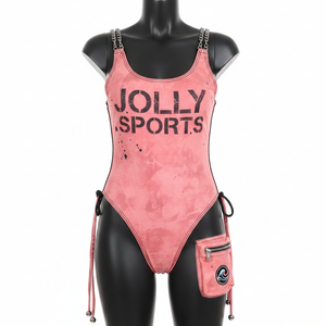 Ensemble de maillot de bain une pièce de luxe en nylon élasthanne 220 GSM rose avec poche latérale à nouer réglable et logo personnalisé - Product Image 6