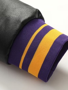 Custom Men's Black With <b>Purple</b> Gold Embroidery Lettering And Patch Designs Leather Sleeve High Street <b>Varsity</b> Baseball <b>Jacket</b> - Product Image 5