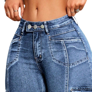 Womens Mid Waist Washed <b>Stretch</b> <b>Denim</b> Cargo Biker Shorts Skinny Fit Multi Pocket Casual Summer Cycling OEM Wholesale Quick Dry - Product Image 3
