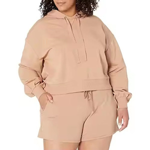Ensemble 2 pièces pour femmes, sweat-shirt court à capuche et short en tricot, couleur unie, coupe ample, tenue décontractée, printemps-été - Product Image 5