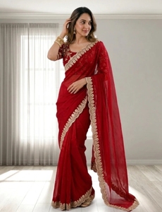 Sari de Georgette con adornos estilo Bollywood para mujer KV, con blusa sin coser - Product Image 6