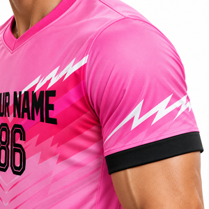 ชุดเสื้อฟุตบอลสีชมพูสำหรับผู้ชาย ชุดฟุตบอลแบบซับลิเมชั่นพร้อมหมายเลขชื่อส่วนตัวพร้อมกางเกงขาสั้นสีดำ - Product Image 5