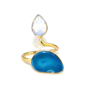 18K Gold Plated Brass Cocktail <b>Ring</b> With Natural Blue Agate Slice And Opalite Pear Stone Bohemian Style Unisex Jewelry Wholesale - Product Image 1