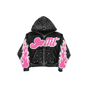 ชุดเซ็ตเสื้อฮู้ดซิปและกางเกงสเวตแพนท์ทรงขาบานลายกราฟิกแบบฟaded สไตล์สตรีทแวร์ ประดับคริสตัล ล้างสีแบบ Acid Wash ผ้าฝ้าย ชุดวอร์มทรงขาบานสำหรับผู้ชาย - Product Image 2