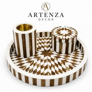 Ensemble de brûleur d'encens en bois de santal indien avec incrustation de os, fait main, de luxe, avec plateau, pot et plat décoratif rond aromatique Artenza Decor - Product Image 1