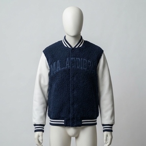Men's Navy Fleece <b>Jacket</b> with <b>White</b> PU Sleeves Front Logo Casual Style Stand Collar Regular Fit Eco-Friendly Breathable Winter - Product Image 1