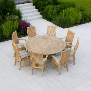 Modern Teak Wood Outdoor Dining Set with <b>Round</b> <b>Table</b> and Six Dining Chairs - Product Image 1