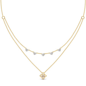 Layered Heart Charm Diamond <b>Necklace</b> with <b>Delicate</b> Double Chain and Floral Drop Accent Design - Product Image 3