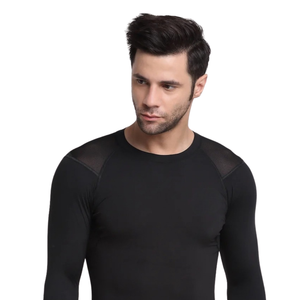 Ventilated Mens <b>Long</b> <b>Sleeve</b> <b>Compression</b> <b>Shirt</b> O Neck Polyester Quick Dry Mesh Back Shoulder Panels Slim Fit Baselayer OEM Vendor - Product Image 4