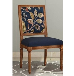 Luxury Handcrafted Solid Wood Dining Chair Square Leaf Print Backrest Navy Blue Upholstered <b>Seat</b> - Product Image 1