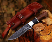 Couteau de chasse artisanal en acier Damas à pointe tombante avec manche en bois, outil multifonctionnel pour l'extérieur, personnalisable DIY et OEM