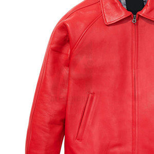 Red PU Leather Bomber <b>Jacket</b> <b>Men</b> Casual Zipper Closure O-Neck Collar Solid Color Winter Fleece Lining Windproof - Product Image 5
