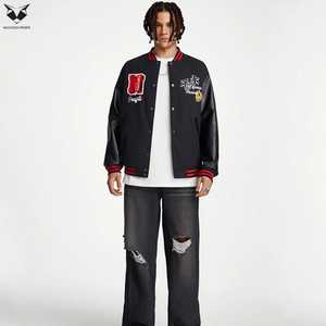 Veste de baseball pour homme avec patchwork de lettres, veste bomber noire à broderie personnalisée, poignets à rayures rouges, streetwear décontracté - Product Image 2