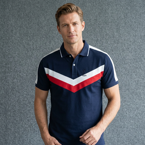 Royal's Men's Navy <b>Blue</b> Short Sleeve <b>Polo</b> <b>Shirt</b> With Red White Geometric Design Breathable Pique Cotton Casual Style Bangladesh - Product Image 2