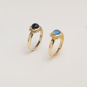 Natural Larimar Ring Gold Tone Beaded Halo Brass Minimal Elegant Handmade Designer Jewelry Delicate Statement Classic MOKU - Product Image 6