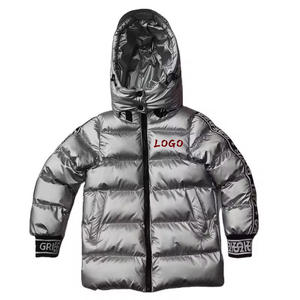 Silver Hooded Puffer <b>Jacket</b> Zipper Closure Windproof Thick Winter Coat Unisex Casual Solid Color Embroidery Logo Front - Product Image 1
