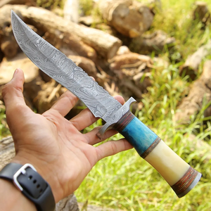 Cuchillo de caza LEGACY BLADES hecho a mano con hoja fija de acero de Damasco, punta caída, filo plano, mango de madera, grado industrial OEM - Product Image 4