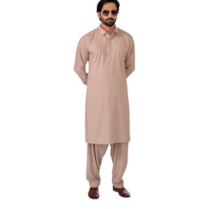 Conjunto de Kurta y Pijama de Algodón Tradicional para Hombre, Color Beige Sólido, Corte Regular, Largo hasta el Tobillo, Estilo Informal de India y Pakistán - Product Image 3