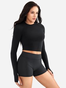 Summer Set For Womens Yoga <b>Long</b> Sleeve Top With Scrunch Butt Shorts Sets 2 Piece Casual Solid Crew Neck <b>Matching</b> T-shirt Running - Product Image 2