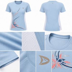 Women's Light Blue Floral Print Quick Dry Sporty T-Shirt Slim Fit Crew Neck Short Sleeve Polyester Spring Summer Workout <b>Top</b> - Product Image 6