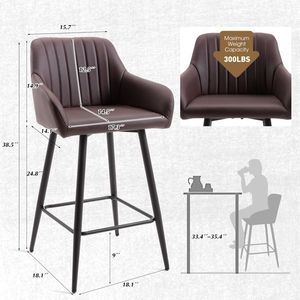Set of 2 Brown PU Leather Bar <b>Stools</b> with Metal Legs <b>Dining</b> Pub Counter Height Chairs - Product Image 2