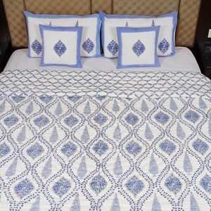 Handmade Printed Cotton <b>Quilt</b> Blue White Traditional Pattern All Season Home Decor <b>Bedding</b> Set - Product Image 6