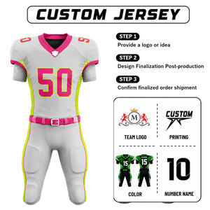 Ensemble de maillot et pantalon de football américain sublimé personnalisé, ajusté, à manches courtes, anti-humidité, col en V, unisexe adulte, gris, rose, jaune - Product Image 4