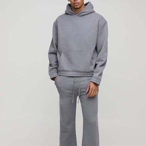 Ensemble survêtement homme gris 2-en-1 avec sweat à capuche et pantalon de jogging, vêtements de sport décontractés, séchage rapide, 100% coton, manches longues, coupe légère et ajustée - Product Image 1